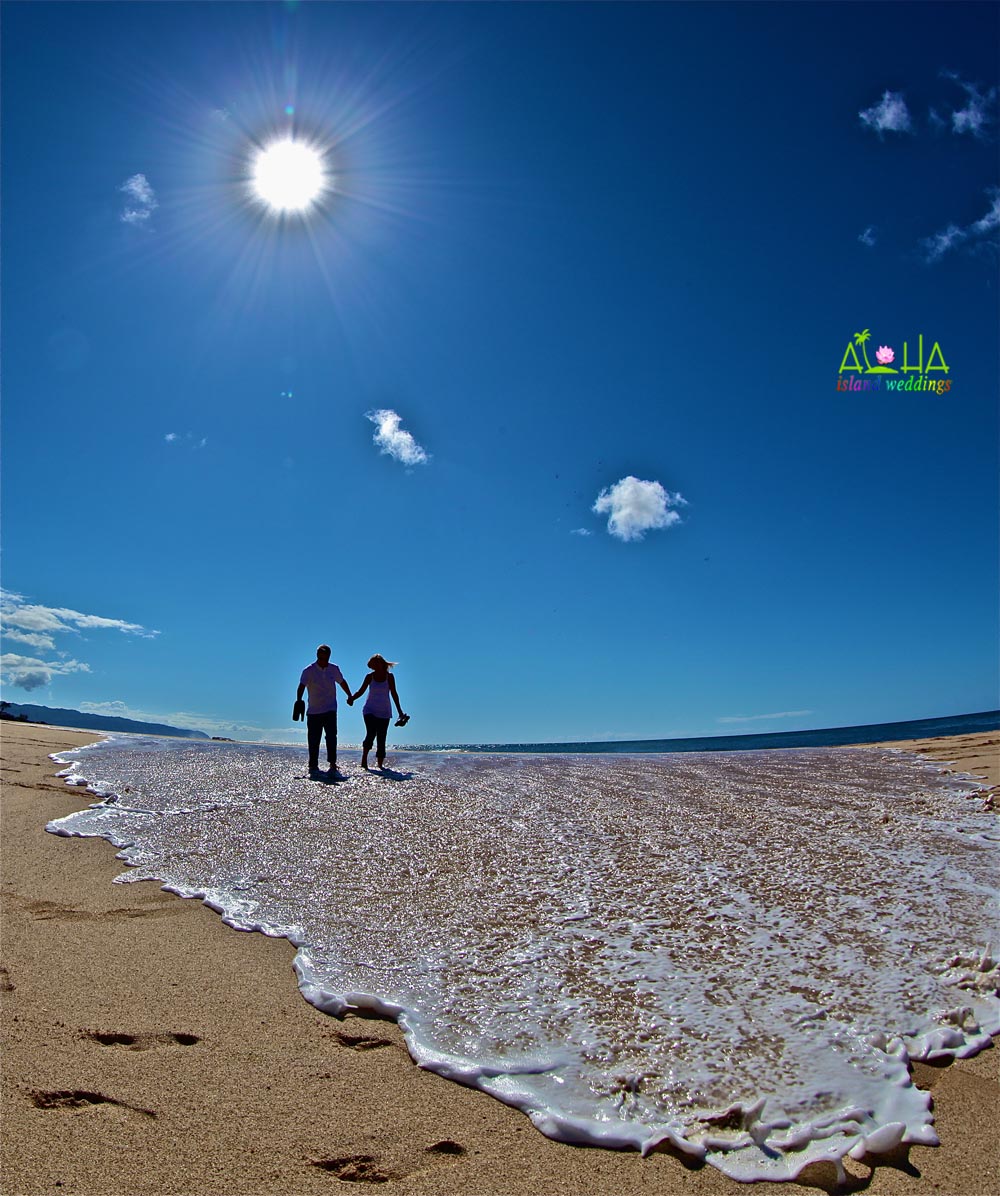 <walkign on the water shawdows of the wedding couplempty>